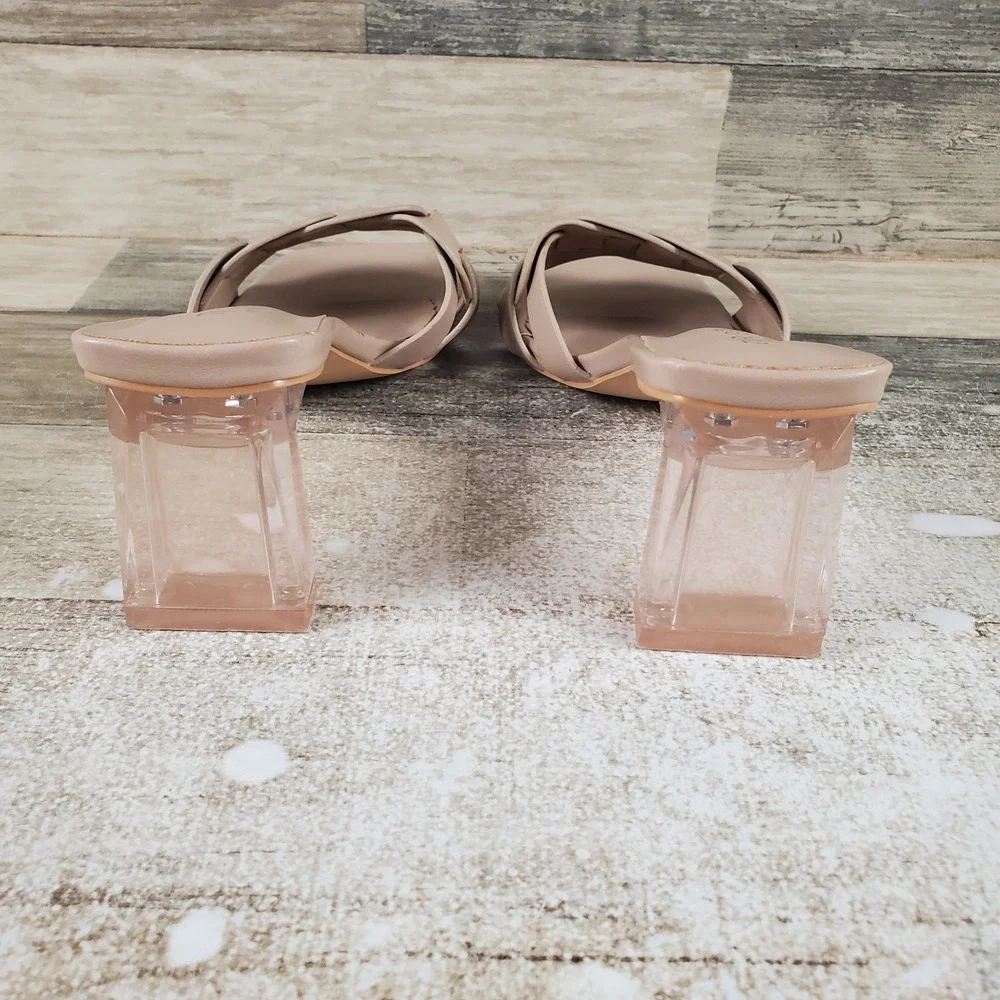 Torgeis‎ New York Ela Womens Slide Sandals Sz 6.5 Baige Faux Leather Block Heel